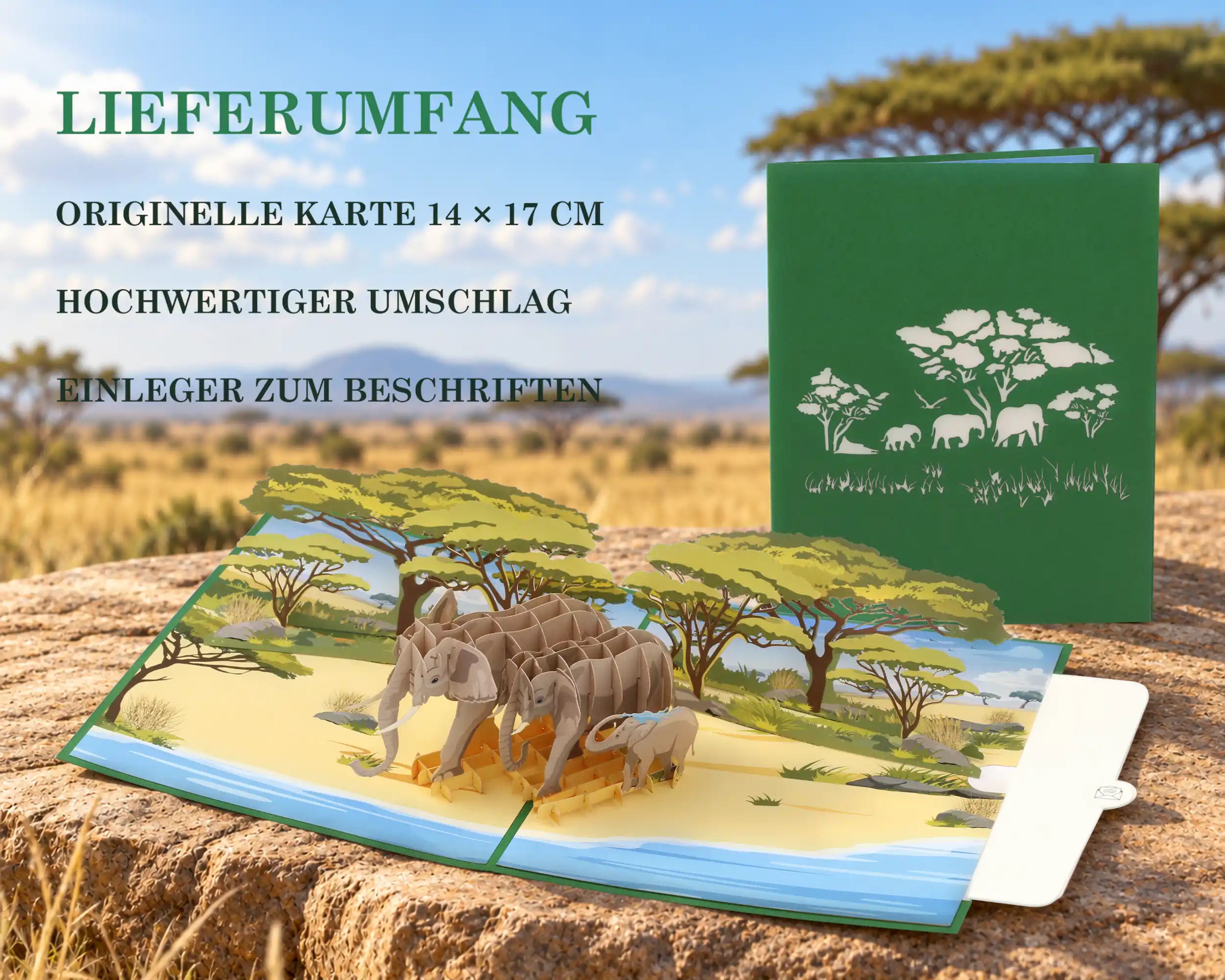 Elefant Pop-up Karte und grüne Vorderseite mit Elefanten-Scherenschnitt auf einem Felsen in der Savanne – Lieferumfang: originelle Karte 14x17 cm, hochwertiger Umschlag, Einleger zum Beschriften