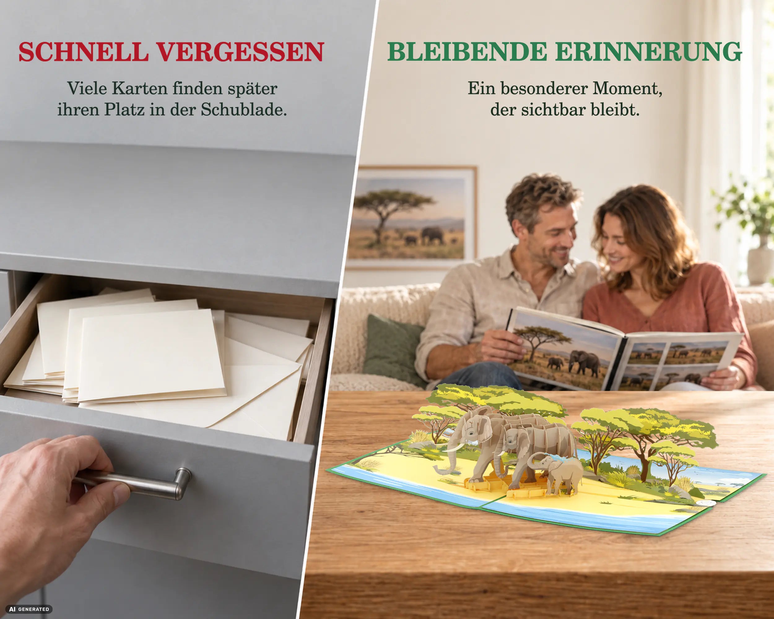 Aufgeklappte Elefant Pop-up Karte auf Holztisch vor einem Paar mit Safari-Fotoalbum – bleibende Erinnerung statt schnell vergessener Karte in der Schublade