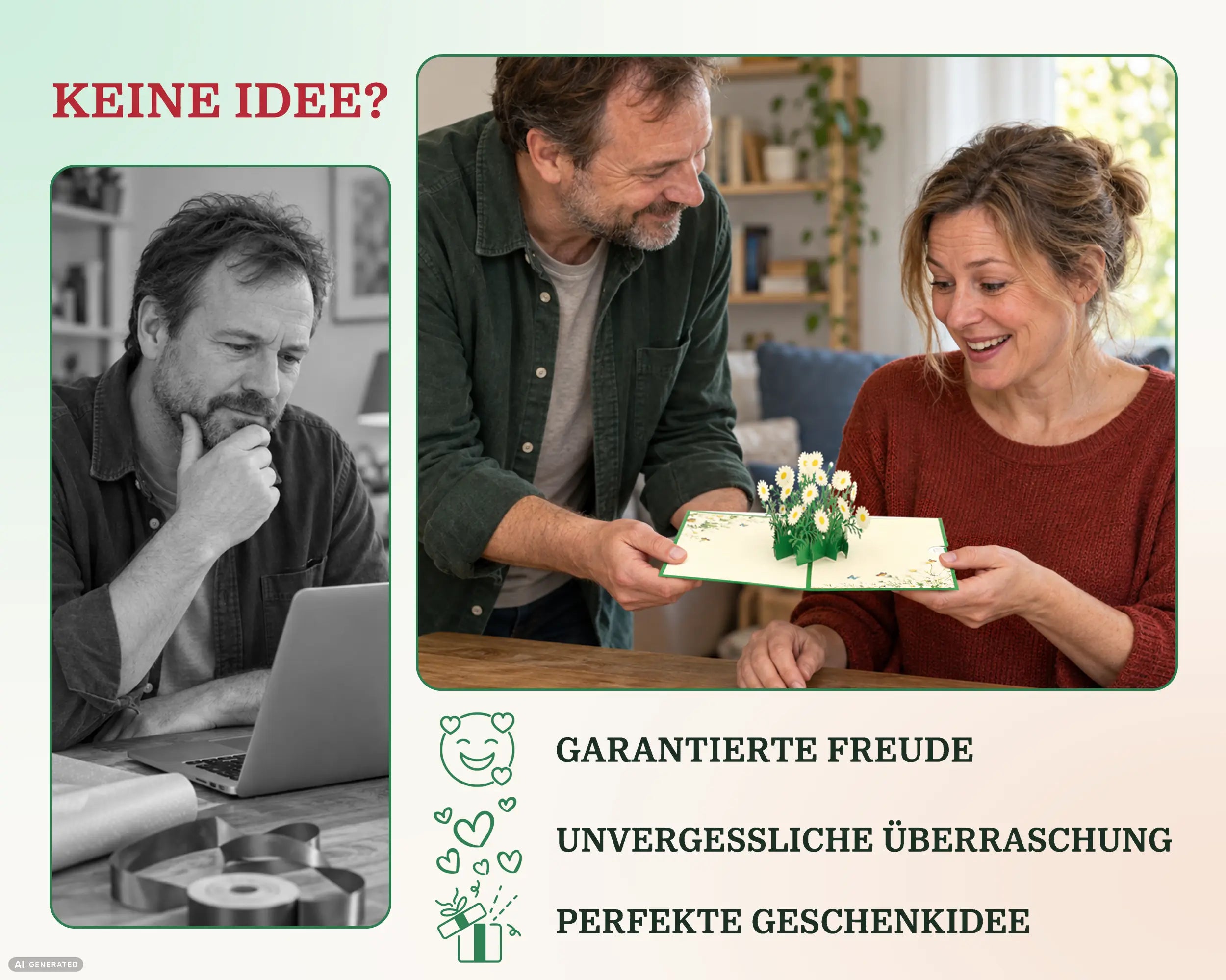 Ratloser Mann bei der Geschenksuche, daneben freut sich eine Frau über die Gänseblümchen Pop-up Karte – garantierte Freude und perfekte Geschenkidee