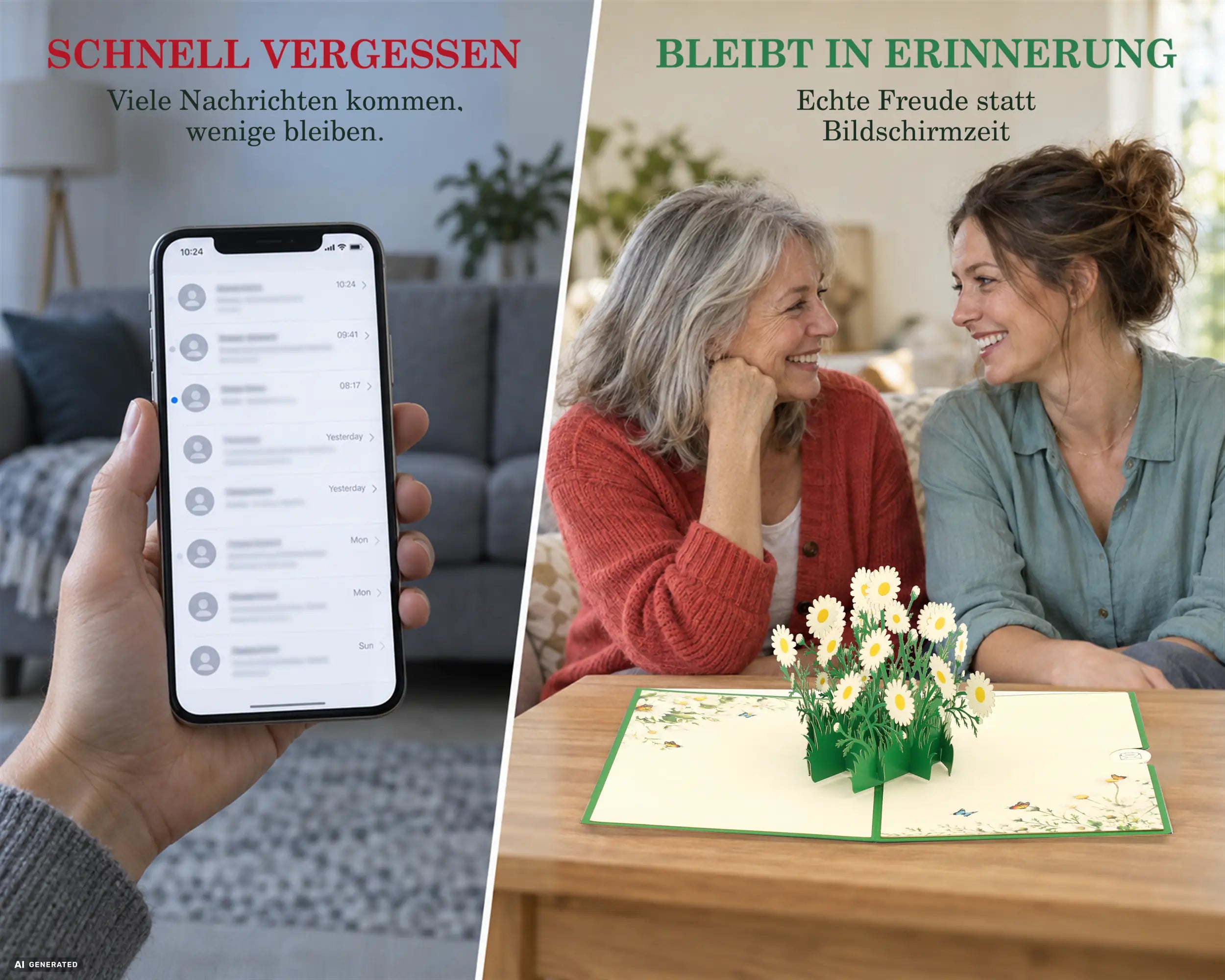 Mutter und Tochter freuen sich über eine aufgeklappte Pop-up Karte mit Gänseblümchen – bleibende Erinnerung statt schnell vergessener Handy-Nachricht