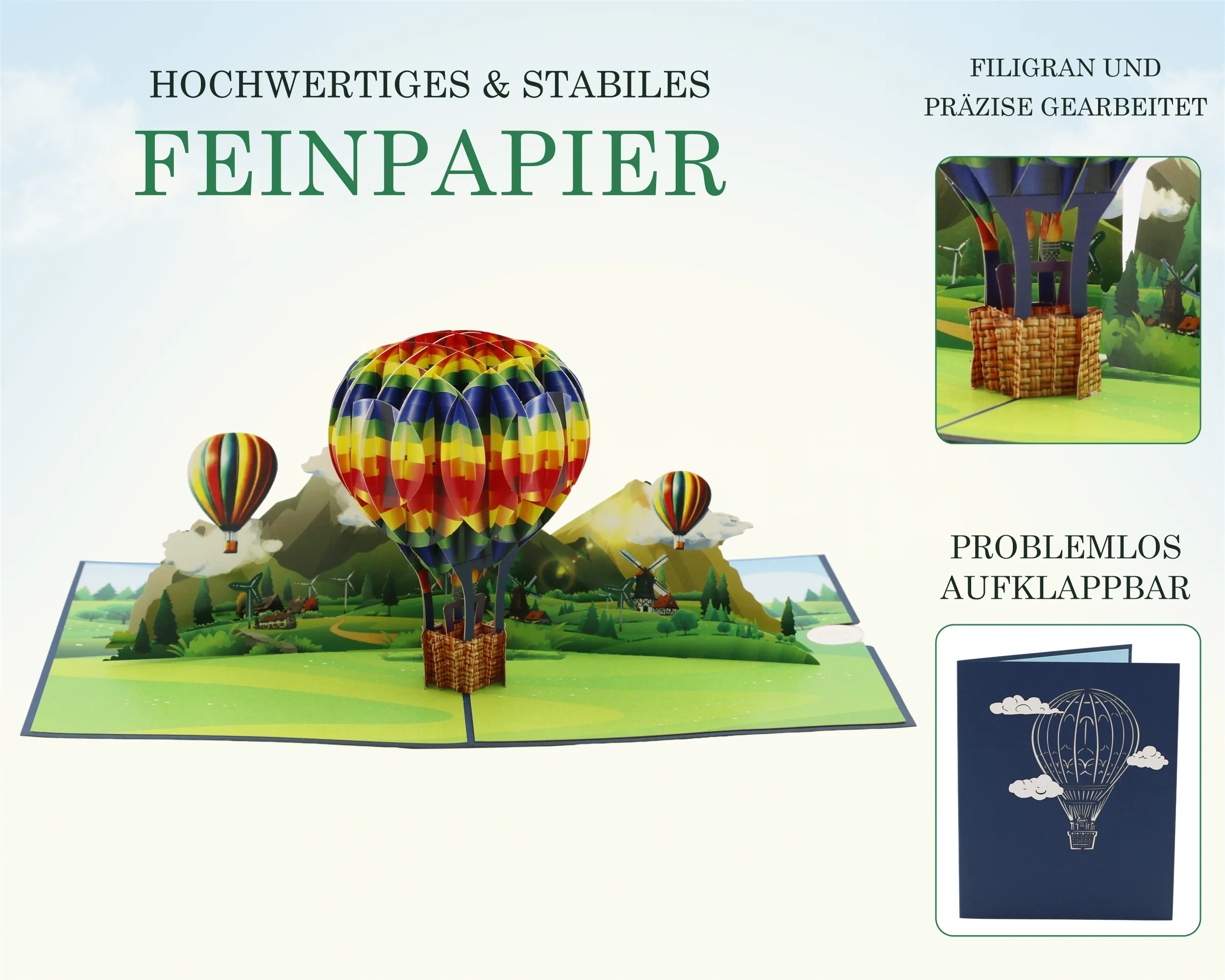 Heißluftballon Pop-up Karte aus stabilem Feinpapier: filigraner Ballonkorb in Nahaufnahme und dunkelblaue Vorderseite mit Ballon-Scherenschnitt