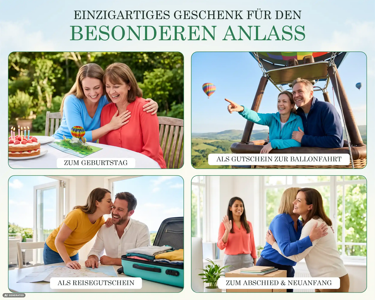 Anlässe für die Heißluftballon Pop-up Karte: Geburtstag, Gutschein zur Ballonfahrt, Reisegutschein, Abschied und Neuanfang