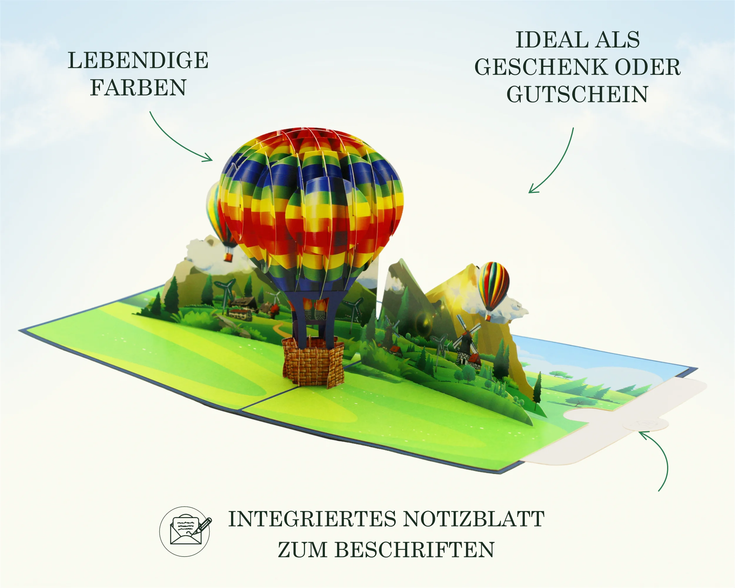 Aufgeklappte Heißluftballon Karte mit bunter Landschaft und herausziehbarem Notizblatt zum Beschriften – ideal als Geschenk oder Gutschein