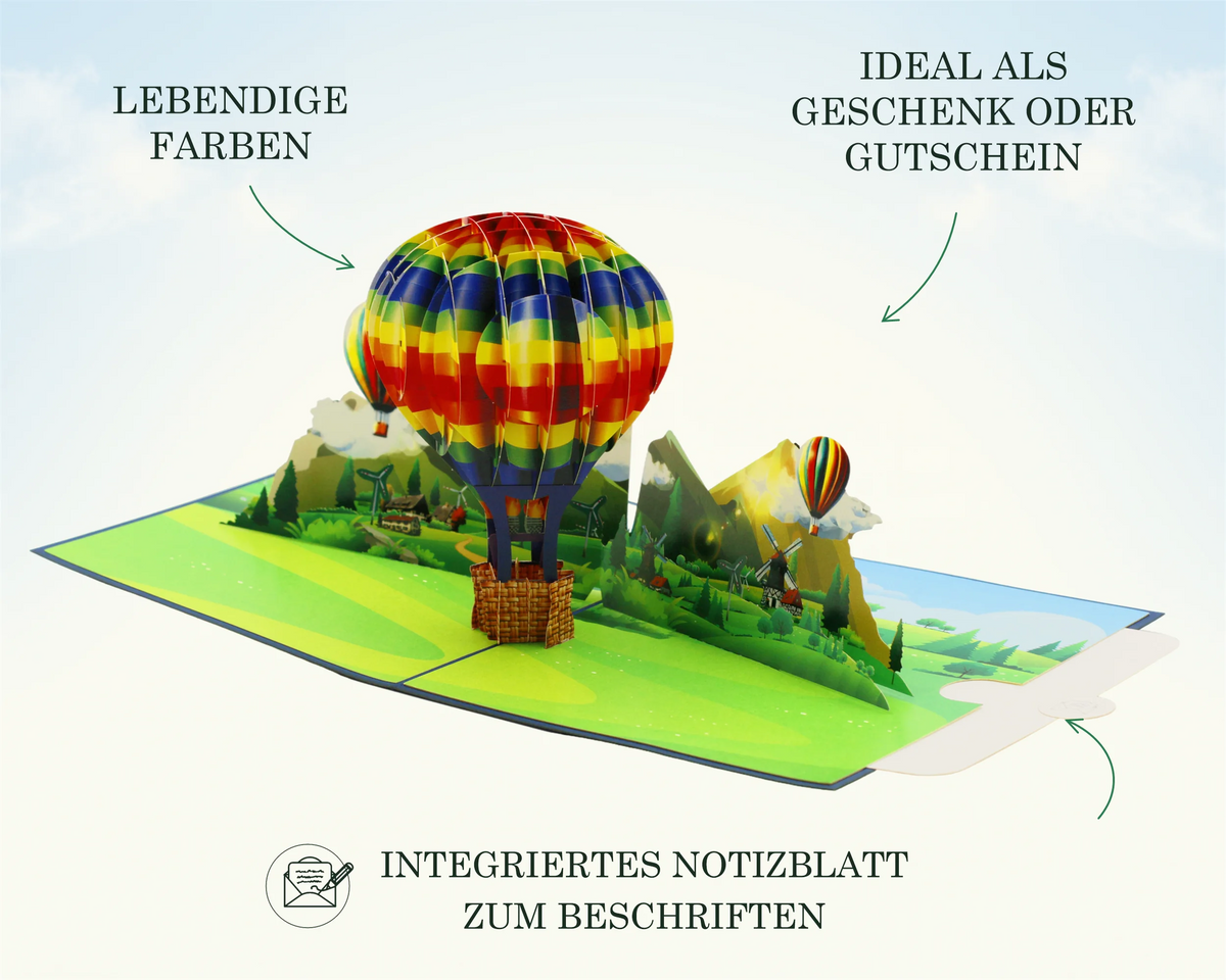 Aufgeklappte Heißluftballon Karte mit bunter Landschaft und herausziehbarem Notizblatt zum Beschriften – ideal als Geschenk oder Gutschein