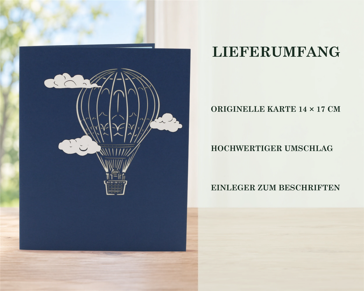 Dunkelblaue Vorderseite der Heißluftballon Karte mit Scherenschnitt aus Ballon und Wolken – Lieferumfang: Karte 14 x 17 cm, Umschlag, Einleger