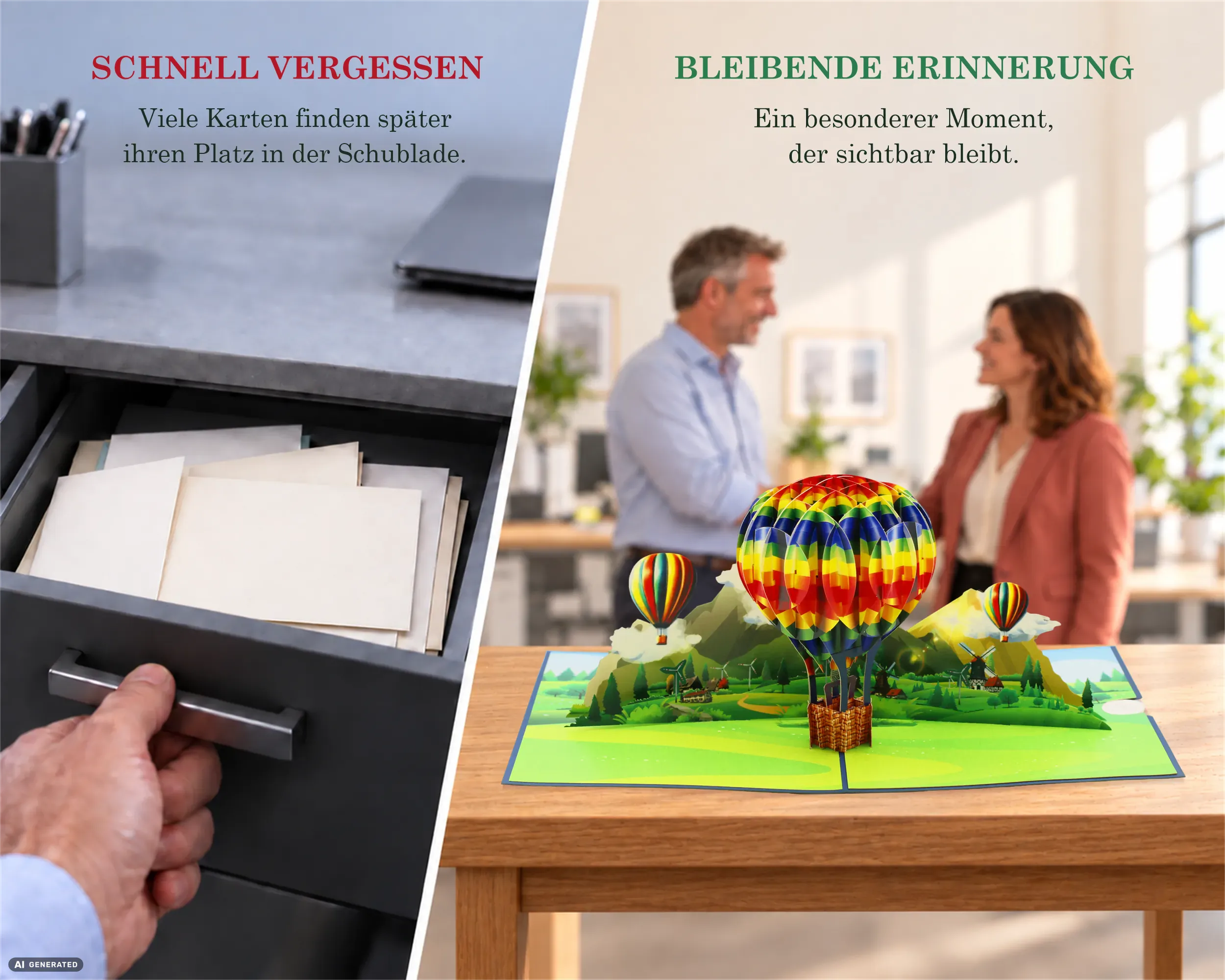 Aufgeklappte Heißluftballon Pop-up Karte als bleibende Erinnerung auf dem Tisch statt vergessen in der Schublade