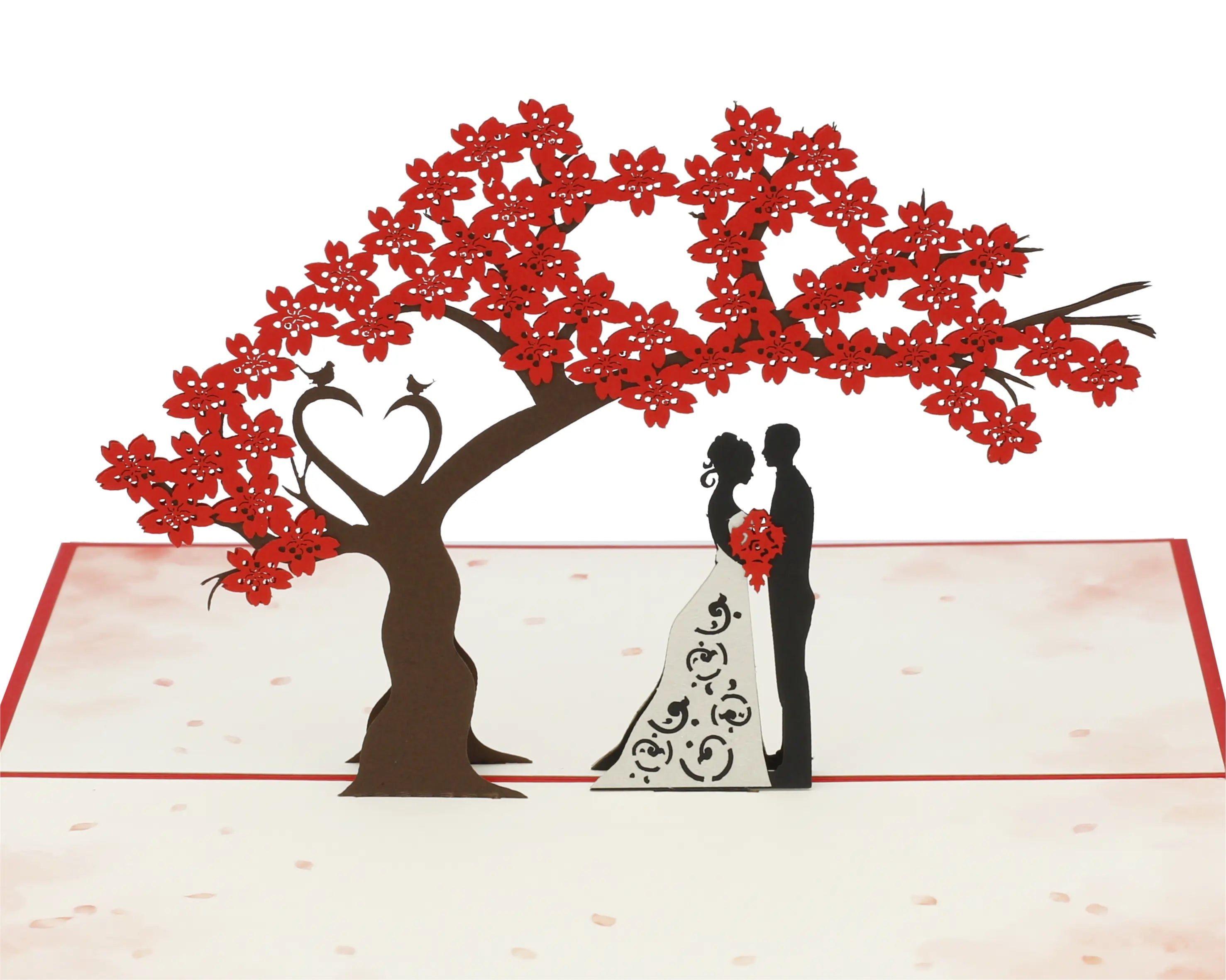 Aufgeklappte 3D Pop-up Karte Küssendes Hochzeitspaar: Brautpaar küsst sich unter einem roten Blütenbaum mit herzförmigen Ästen und zwei Vögeln, weiße Innenseiten mit rotem Rand