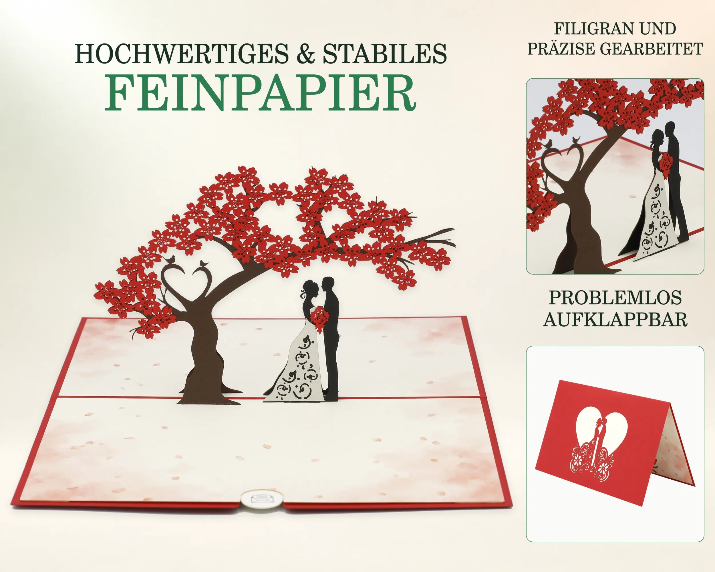 Küssendes Hochzeitspaar Pop-up Karte aus stabilem Feinpapier: roter Blütenbaum und Brautpaar filigran gearbeitet, Detailansichten zeigen leichtes Aufklappen und rote Vorderseite mit Herz-Scherenschnitt