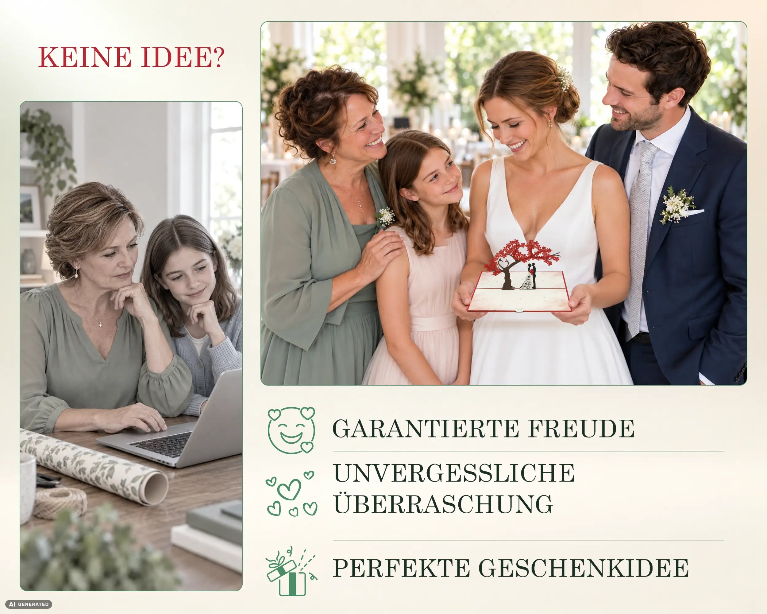 Mutter und Tochter ratlos bei der Geschenksuche, daneben freuen sich Brautpaar und Familie über die Küssendes Hochzeitspaar Pop-up Karte – garantierte Freude und perfekte Geschenkidee