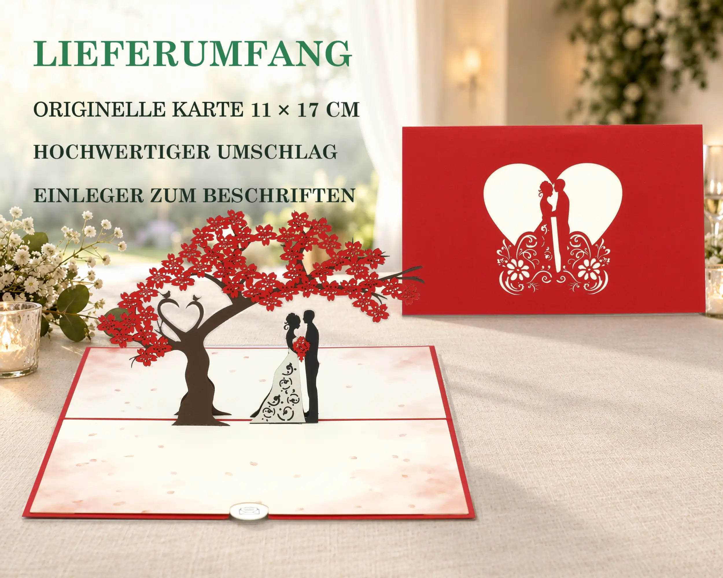 Küssendes Hochzeitspaar Pop-up Karte und rote Vorderseite mit Herz-Scherenschnitt auf festlichem Tisch – Lieferumfang: originelle Karte 11x17 cm, hochwertiger Umschlag, Einleger zum Beschriften