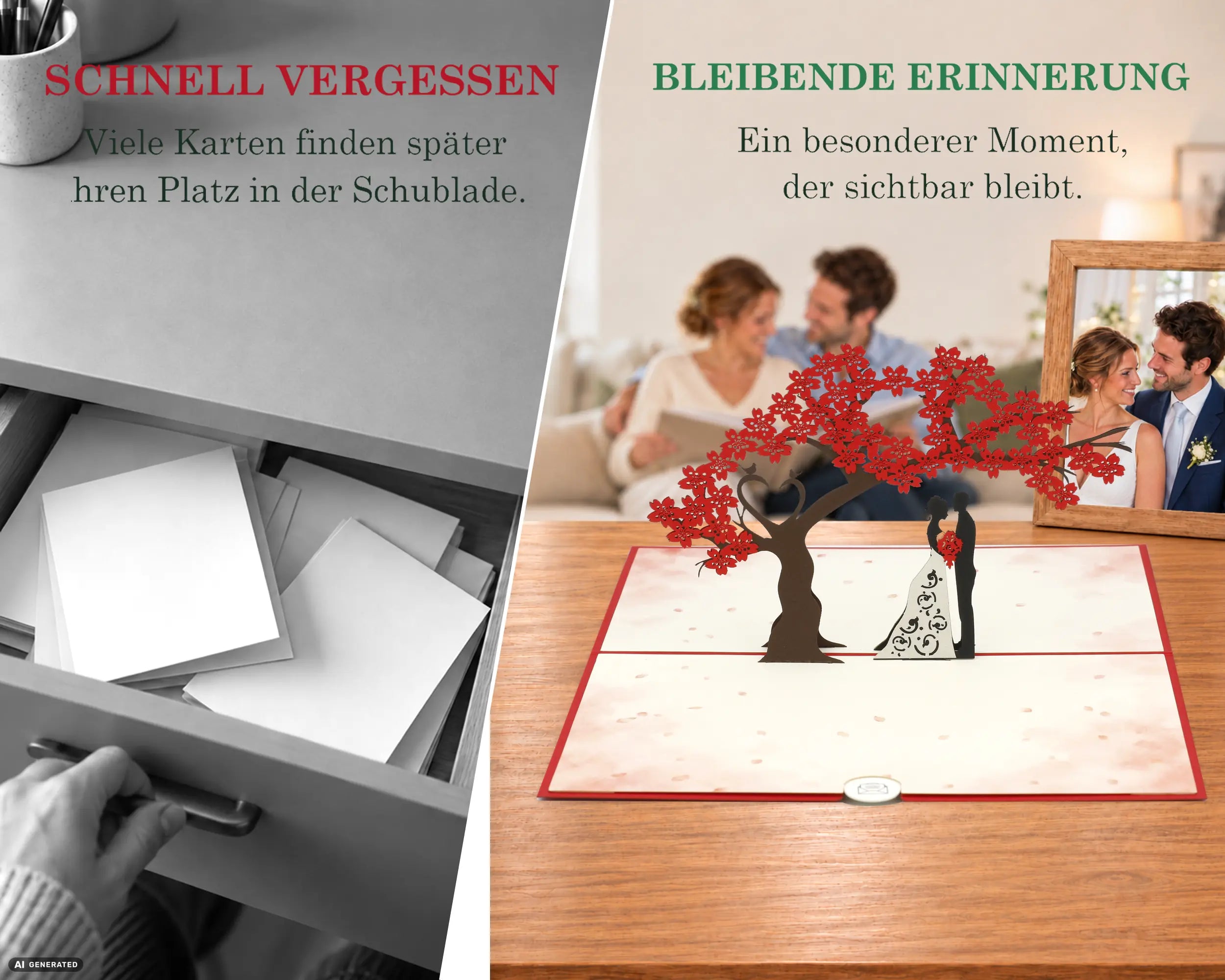 Aufgeklappte Küssendes Hochzeitspaar Karte auf Holztisch vor glücklichem Paar und Hochzeitsfoto – bleibende Erinnerung statt schnell vergessener Karte in der Schublade