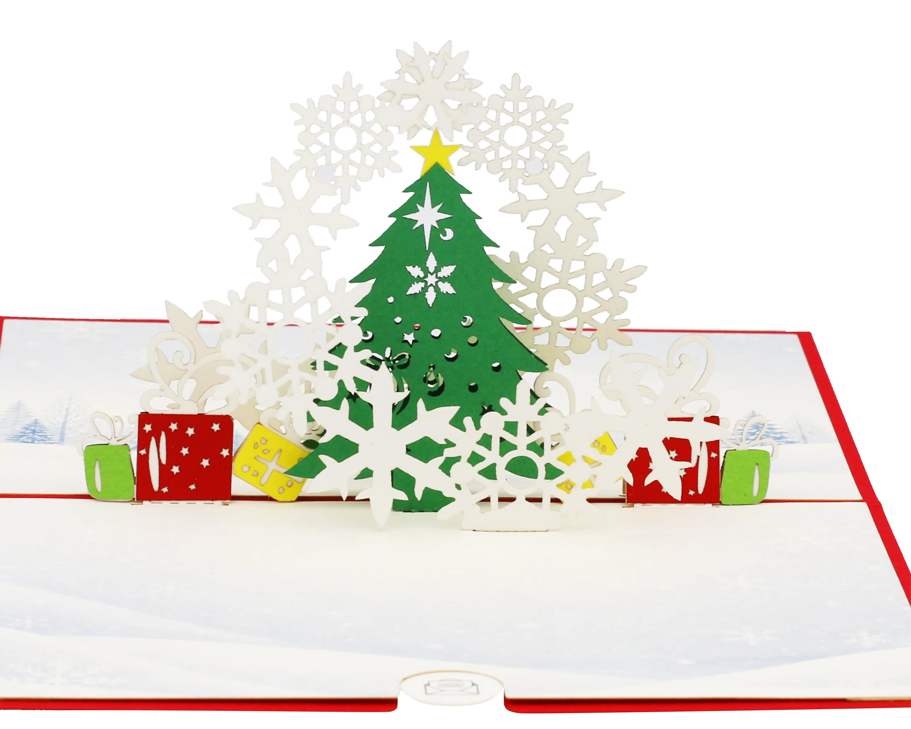 Aufgeklappte 3D Pop-up Karte Weihnachtsbaum mit Schneeflocken: grüner Tannenbaum mit gelbem Stern, umrahmt von weißen Papier-Schneeflocken, davor bunte Geschenke, weiße Innenseiten mit rotem Rand