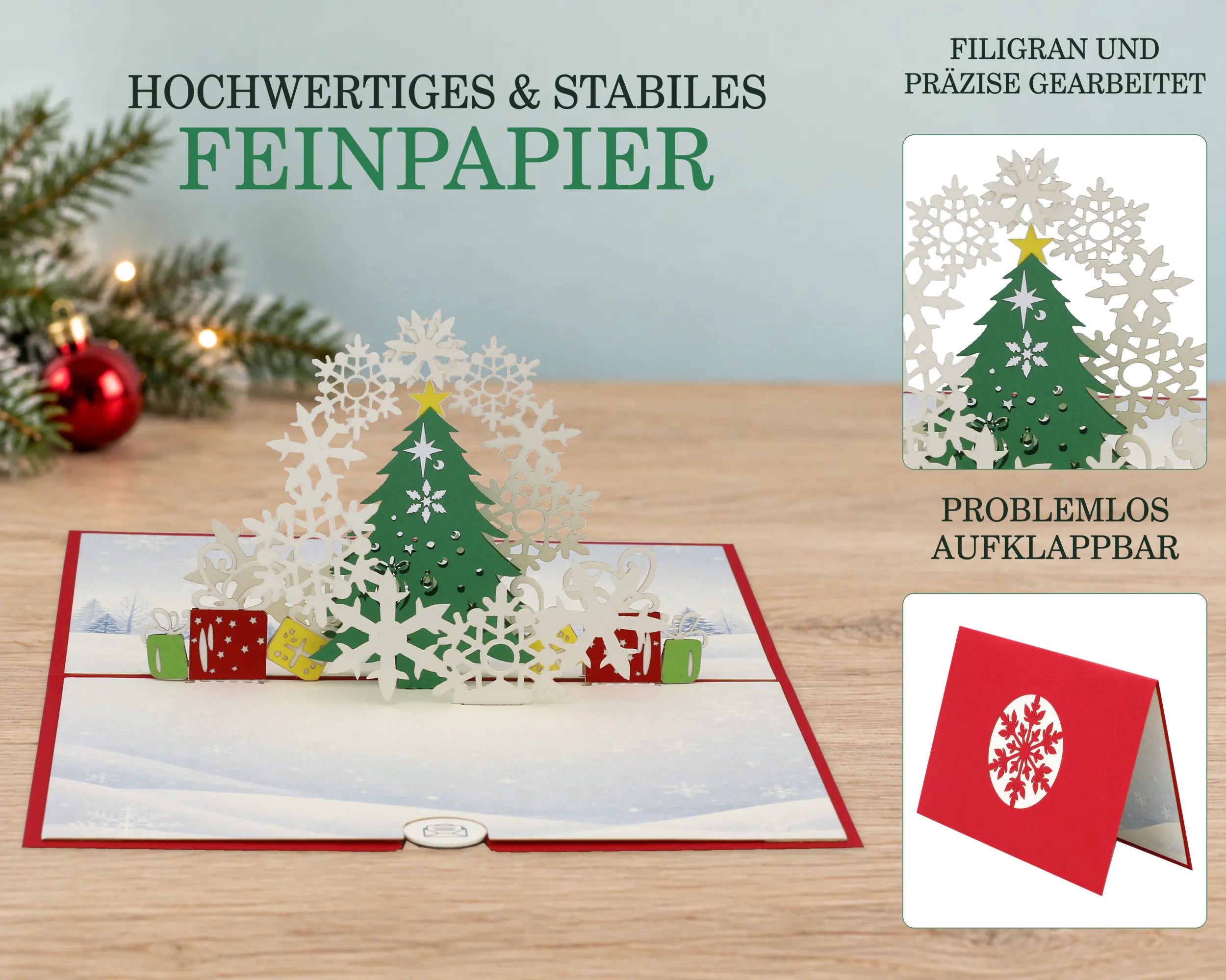 Weihnachtsbaum mit Schneeflocken Pop-up Karte aus stabilem Feinpapier auf Holztisch: filigran gearbeiteter Tannenbaum mit Schneeflocken, Detailansichten zeigen präzise Schnitte und leichtes Aufklappen der roten Vorderseite mit Schneeflocken-Scherenschnitt