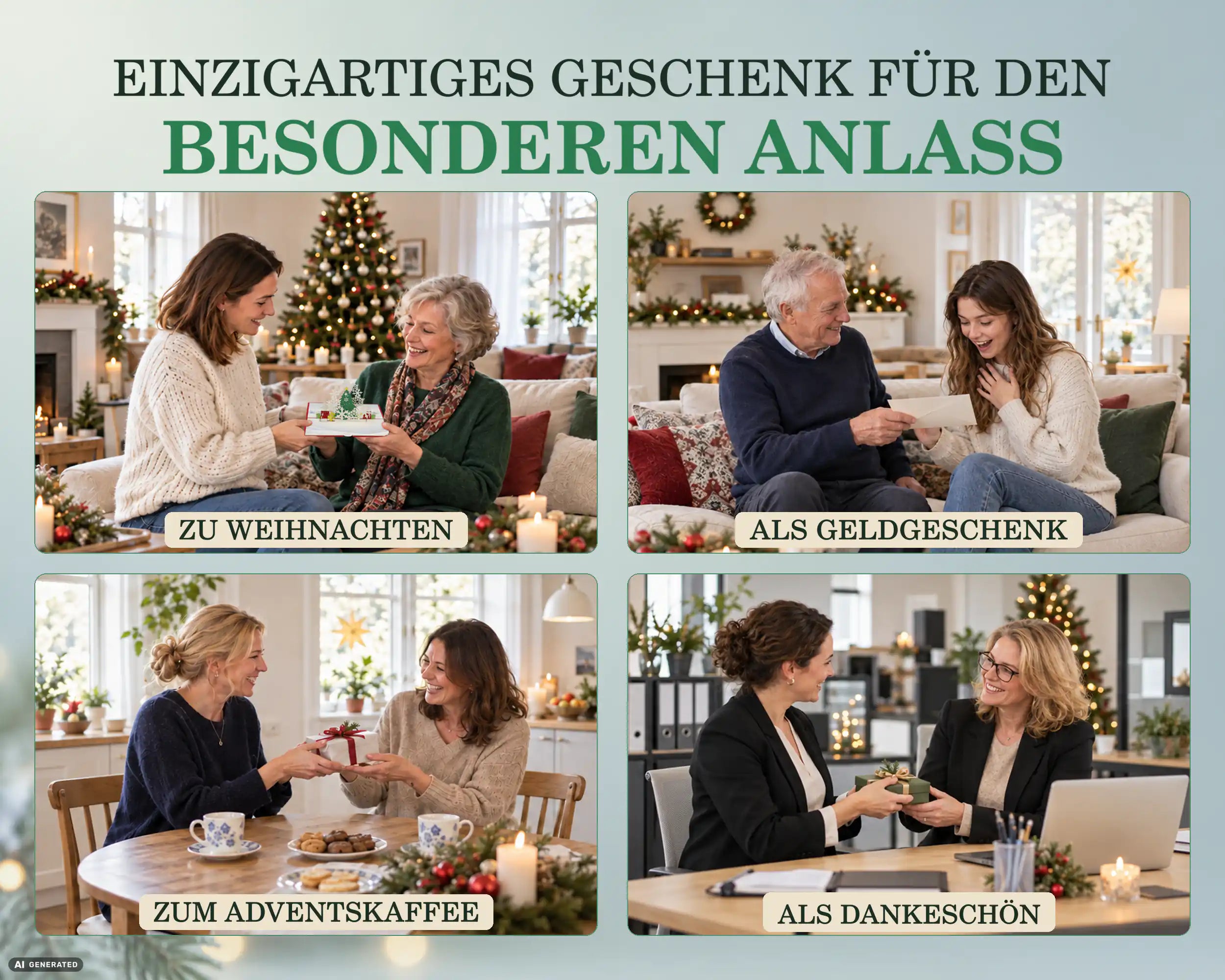 Anlässe für die Weihnachtsbaum mit Schneeflocken Pop-up Karte: zu Weihnachten, als Geldgeschenk, zum Adventskaffee und als Dankeschön