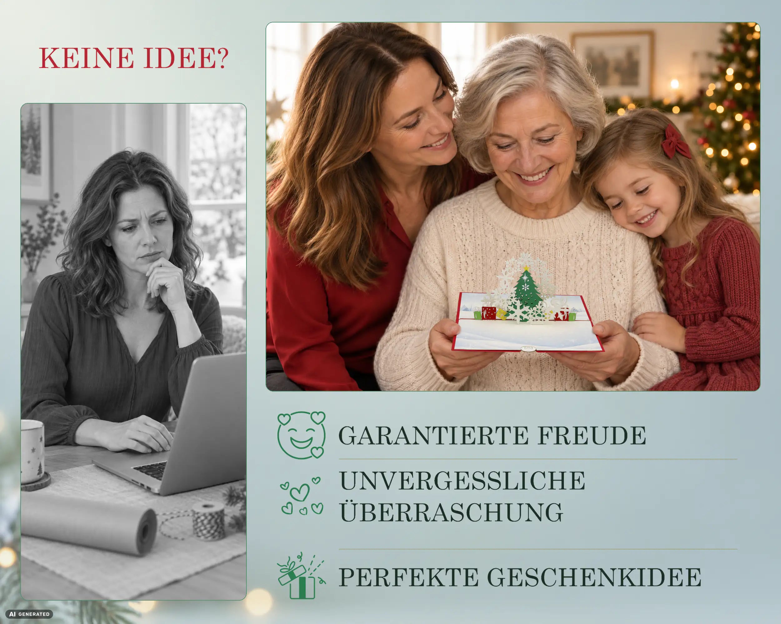 Frau ratlos bei der Geschenksuche am Laptop, daneben freuen sich Großmutter, Mutter und Enkelin vor dem Christbaum über die Weihnachtsbaum Pop-up Karte – garantierte Freude, unvergessliche Überraschung und perfekte Geschenkidee