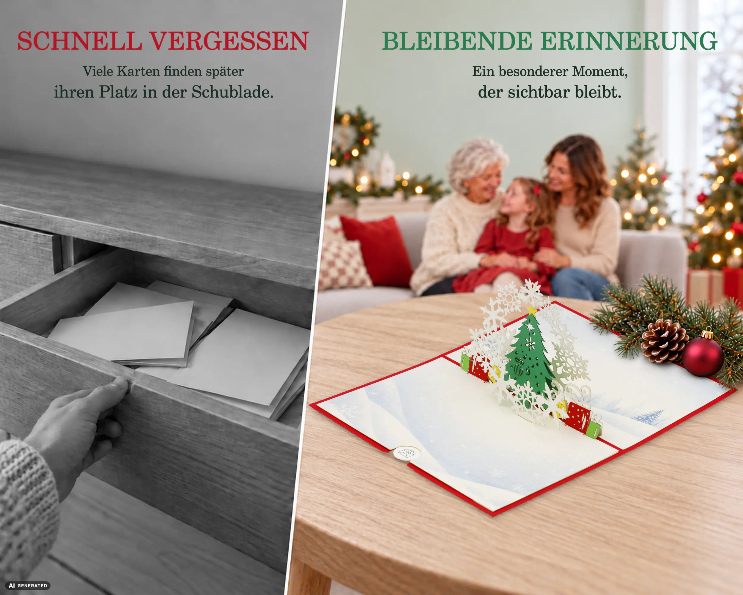 Aufgeklappte Weihnachtsbaum Pop-up Karte auf festlich dekoriertem Tisch vor Großmutter, Mutter und Tochter am Christbaum – bleibende Erinnerung statt schnell vergessener Karte in der Schublade