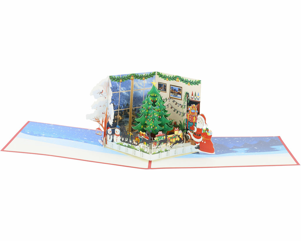 3d karte mit weihnachtlich geschmücktem wohnzimmer mit tannenbaum und weihnachtsmann mit geschenken