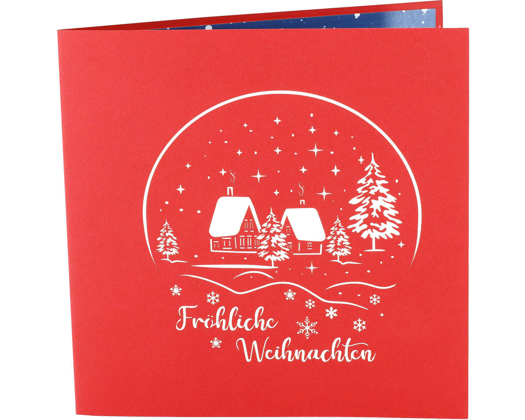 Rote 3d karte mit verschneiter winterlandschaft und dem schriftzug fröhliche weihnachten