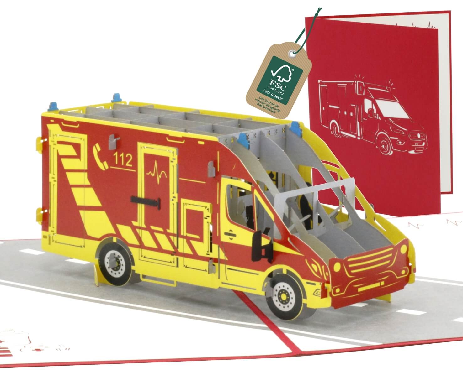 pop up karte mit rettungswagen in rot gelber farbe