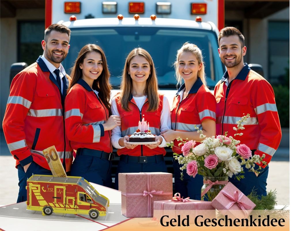 team von rettungssanitätern mit geburtstagskuchen und geschenk