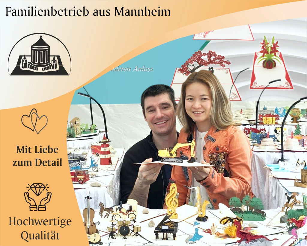 Paar mit bagger klappkarte in der hand