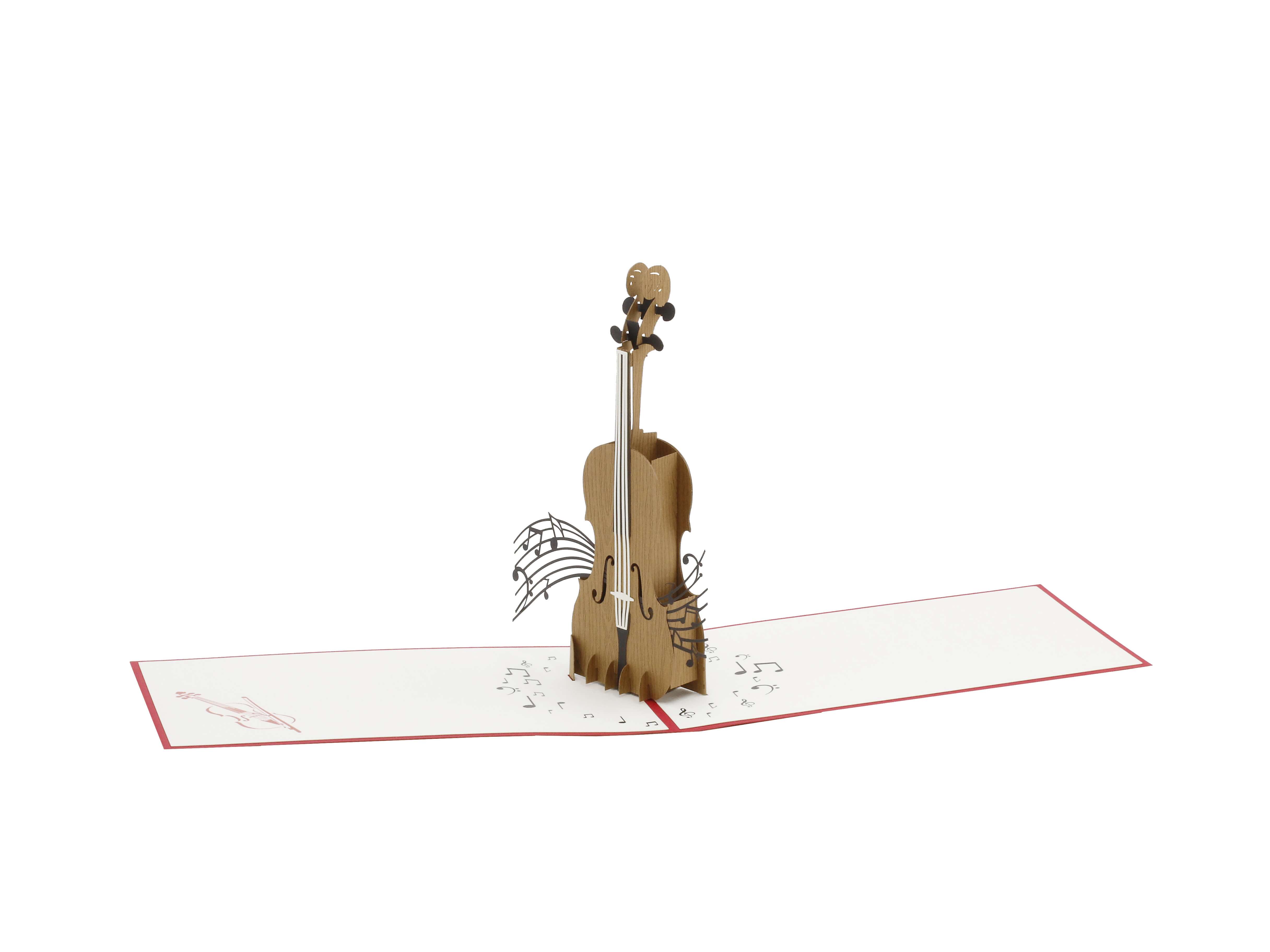 Aufgeklappte Pop-up-Karte mit einem Cello aus Papier, frontal fotografiert.
