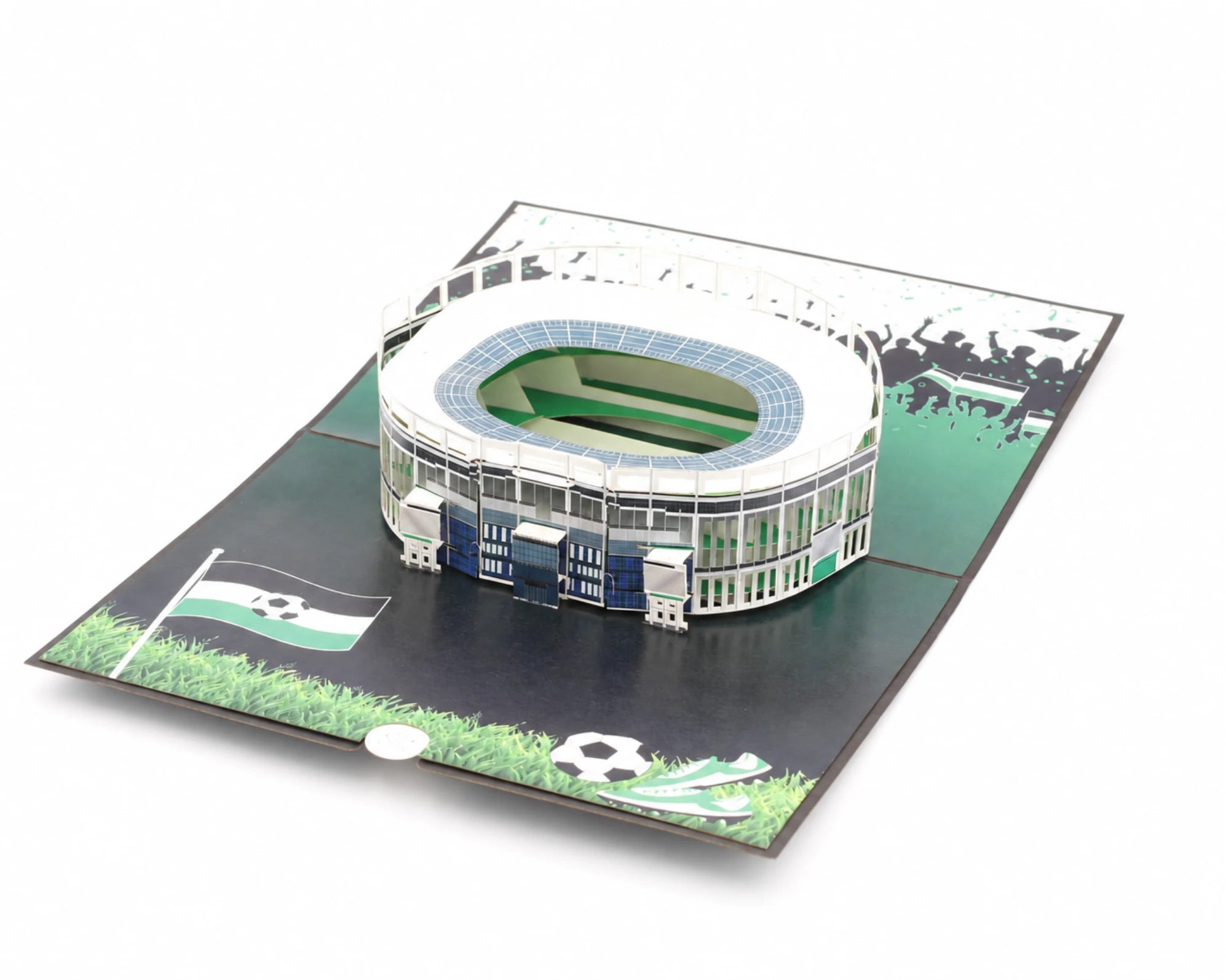 3D-Stadionkarte Hannover von der Seite: aufgestelltes Papierstadion, grün-weiße Fahne mit Fußball und Rasenmotiv