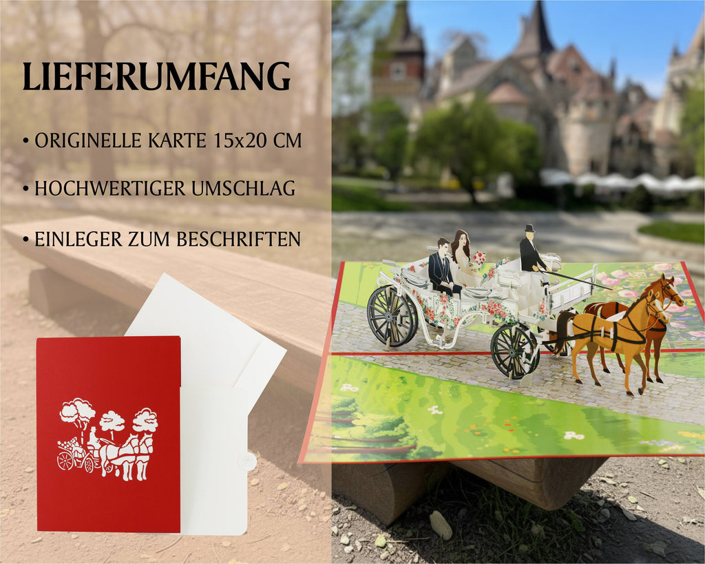 pop up karte mit brautpaar in der hochzeitskutsche. vorne mit einem kutscher und zwei pferden. Die Kutsche fährt aber einen alten Kopfsteinpflasterweg, umsäumt von einer Wiese mit Blumen.