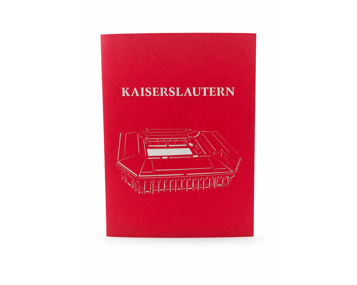 Pop-up-Karte Kaiserslautern geschlossen: rotes Cover mit lasergeschnittenem Stadion und Schriftzug KAISERSLAUTERN