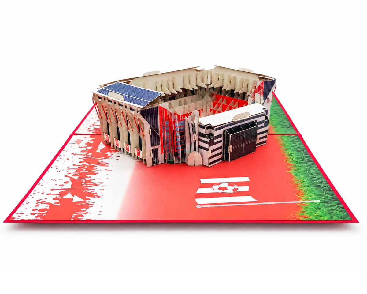 Pop-up-Karte Kaiserslautern von der Seite: Papierstadion mit Tribünendächern, roter Fahne mit Fußball und Rasenrand