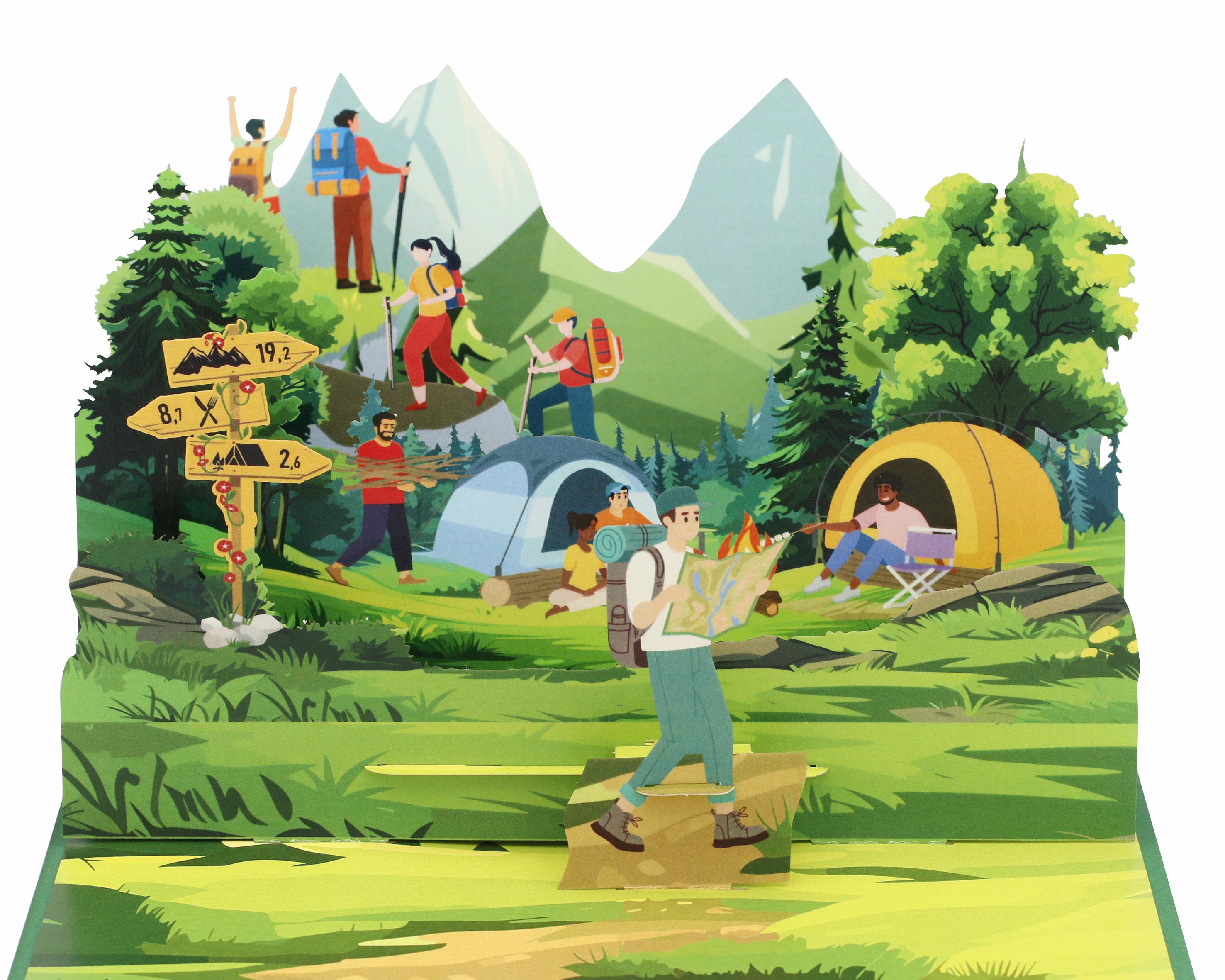 Aufgeklappte Pop-up-Karte mit Wanderern, Zelt, Lagerfeuer und Wegweiser in einer Berglandschaft.