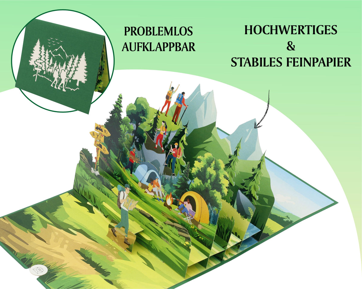 pop up karte mit Wanderern mit Rucksäcken und Karte vor dem Campingzelt und Wegweisern in einer Berglandschaft. Im Hintergrund ist eine Klappkarte mit einer Berglandschaft und zwei Wanderern als Scherenschnitt auf einer Klappkarte.