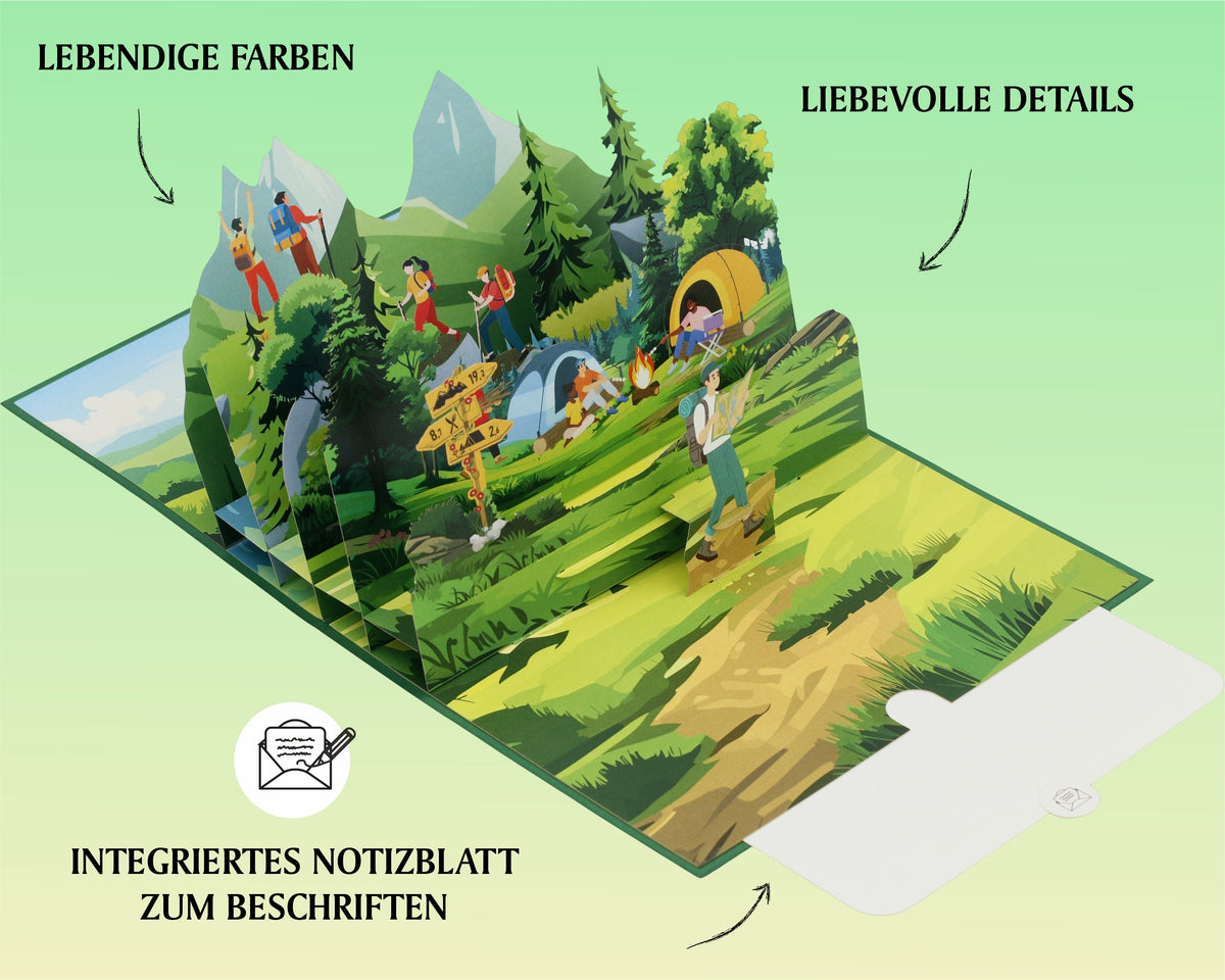Aufgeklappte Pop-up-Karte mit Wander- und Campingszene, dazu die Hinweise lebendige Farben, liebevolle Details und integriertes Notizblatt zum Beschriften.