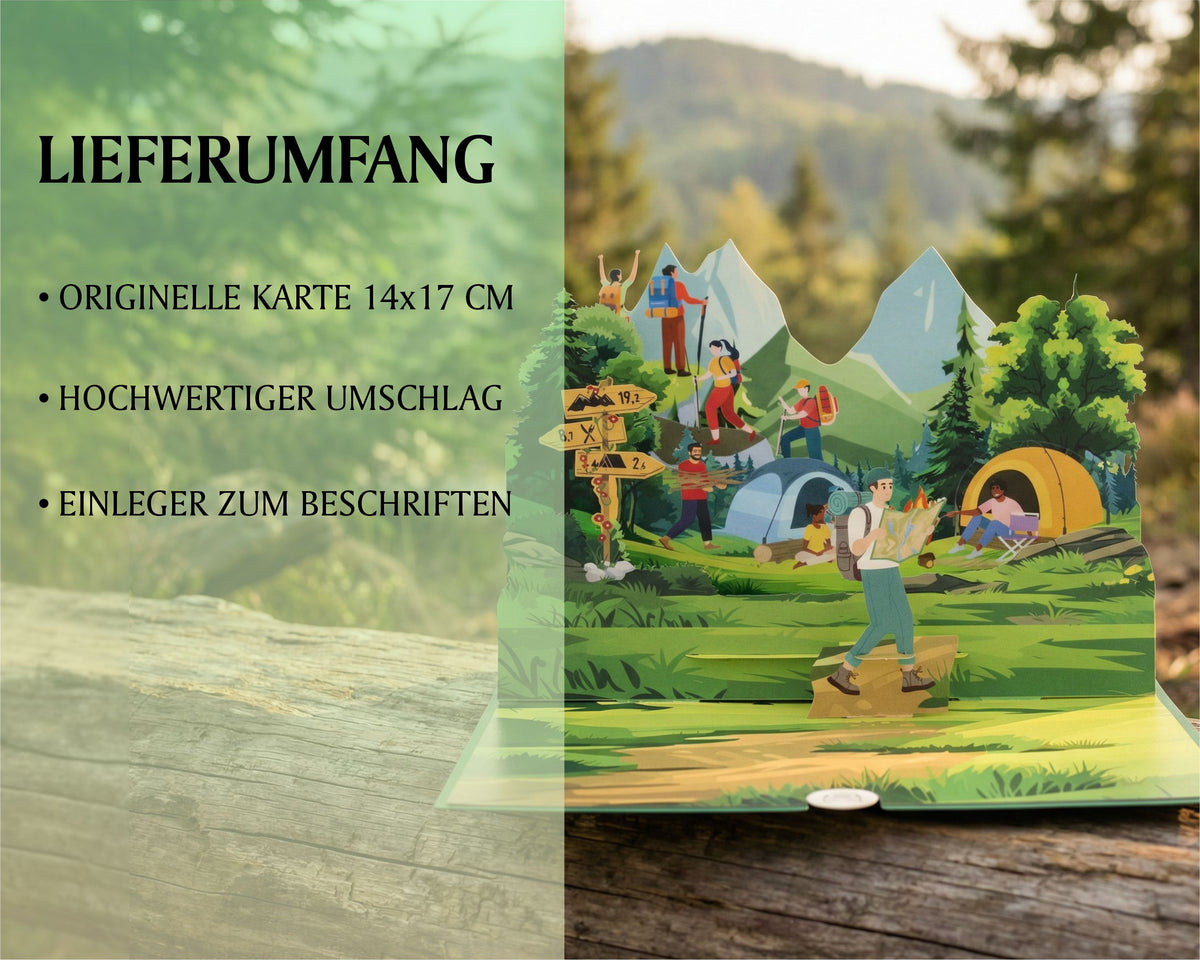 pop up karte mit Wanderern mit Rucksäcken und Karte vor dem Campingzelt und Wegweisern in einer Berglandschaft. Im Hintergrund ist die Natur mit einem Wald und Berg zu sehen.