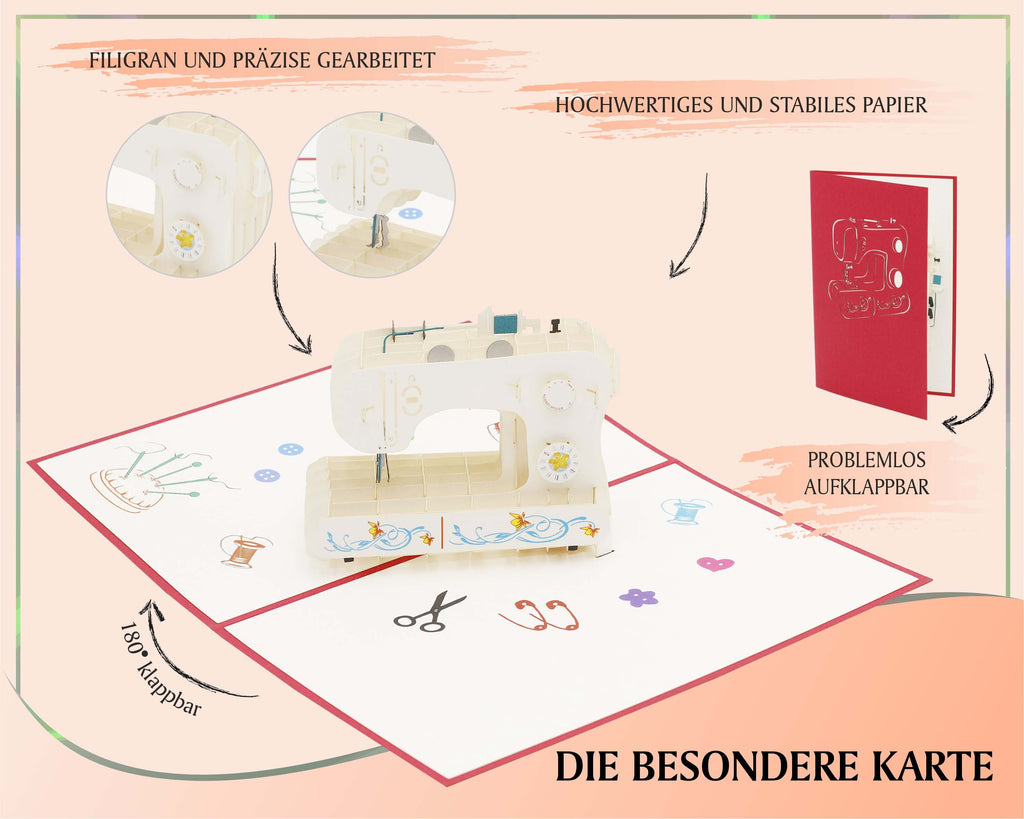 rote karte mit naehmaschine