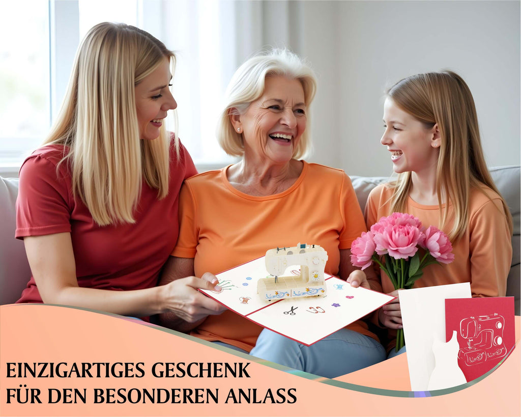 mutter und tocher schenken oma eine pop up karte mit einer nähmaschine