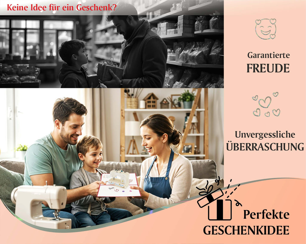 vater und sohn schenken der mutter eine klappkarte mit einer naehmaschine
