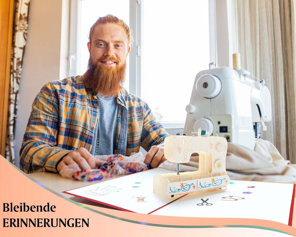 Mann sitzt an einer naehmaschine und hat eine 3d karte mit einer naehmaschine auf dem tisch