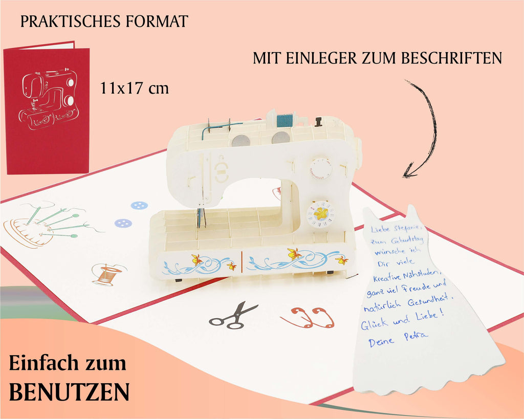rote karte mit naehmaschine