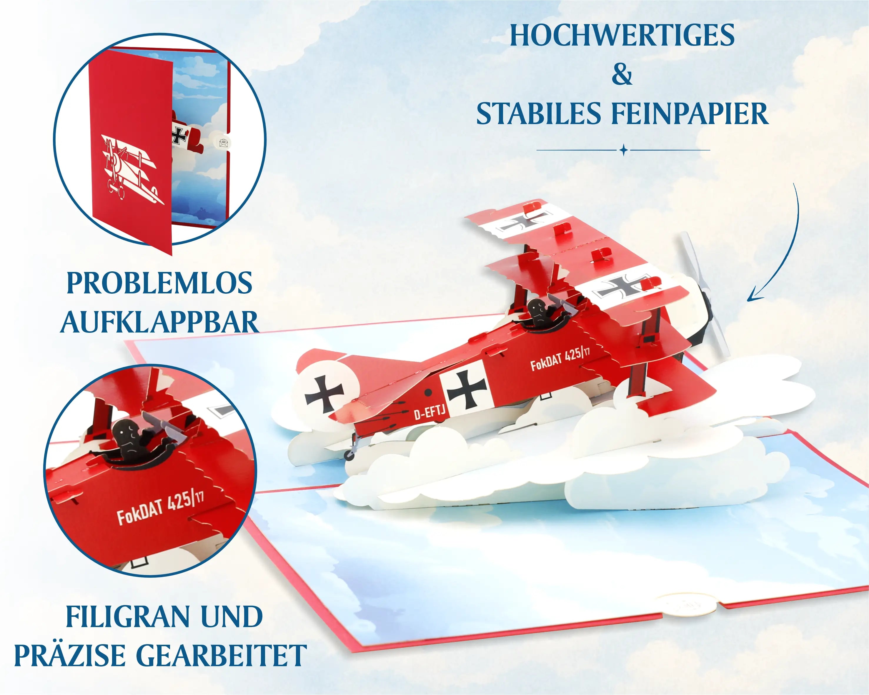Roter Baron Pop-up Karte aus stabilem Feinpapier: Fokker Dreidecker mit Propeller und Pilot, Detailansichten zeigen leichtes Aufklappen und filigrane Verarbeitung