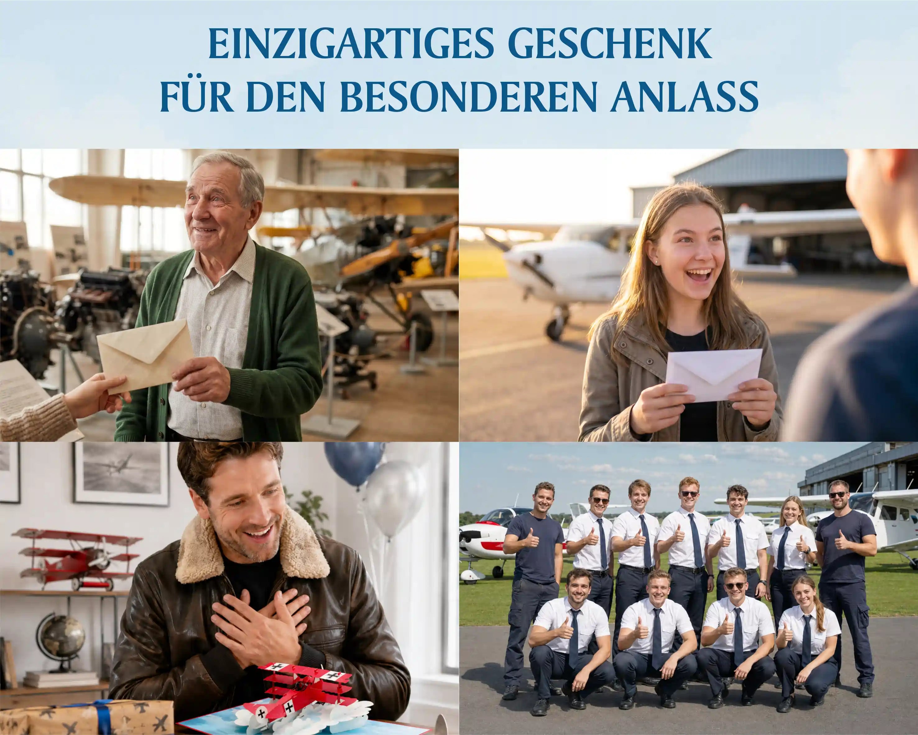 Anlässe für die Roter Baron Pop-up Karte: Senior im Luftfahrtmuseum, junge Frau mit Umschlag am Flugplatz, Geburtstag eines Flugzeugfans und Pilotenteam am Flughafen