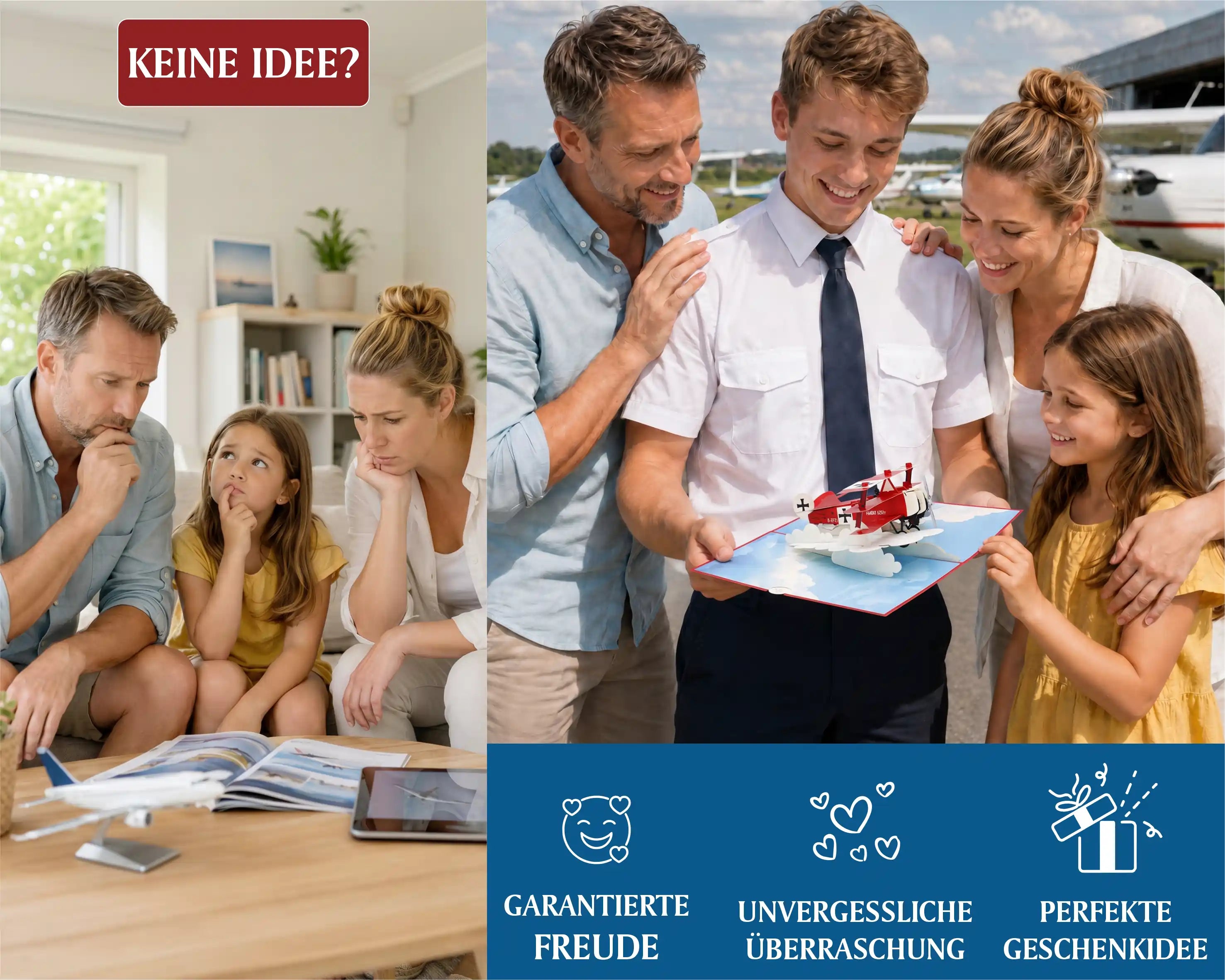 Familie ratlos bei der Geschenksuche, daneben freut sich ein junger Pilot mit seiner Familie über die Roter Baron Pop-up Karte – garantierte Freude und perfekte Geschenkidee