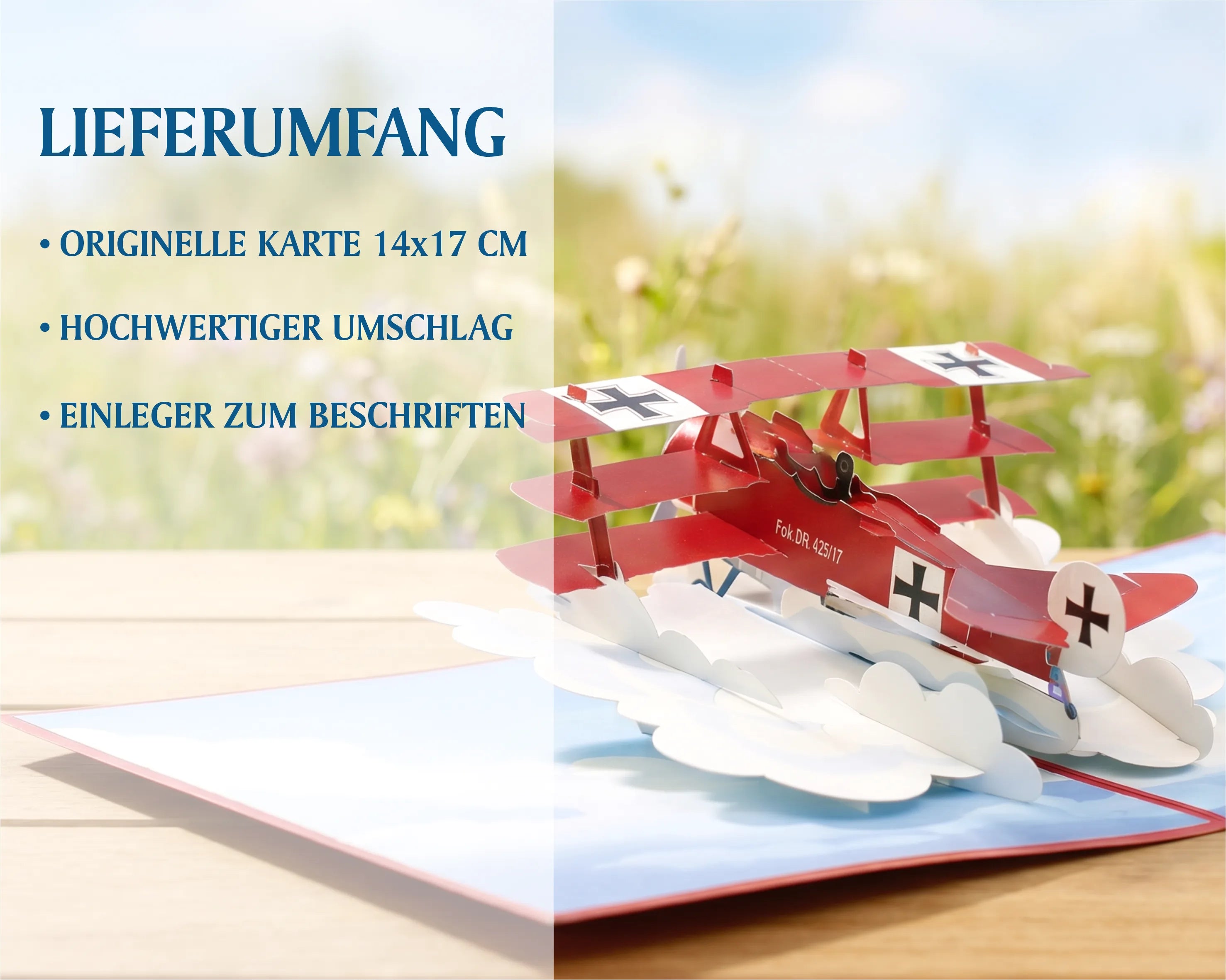 Roter Baron Pop-up Karte mit Fokker Dreidecker auf Holztisch vor Sommerwiese – Lieferumfang: originelle Karte 14x17 cm, hochwertiger Umschlag, Einleger zum Beschriften