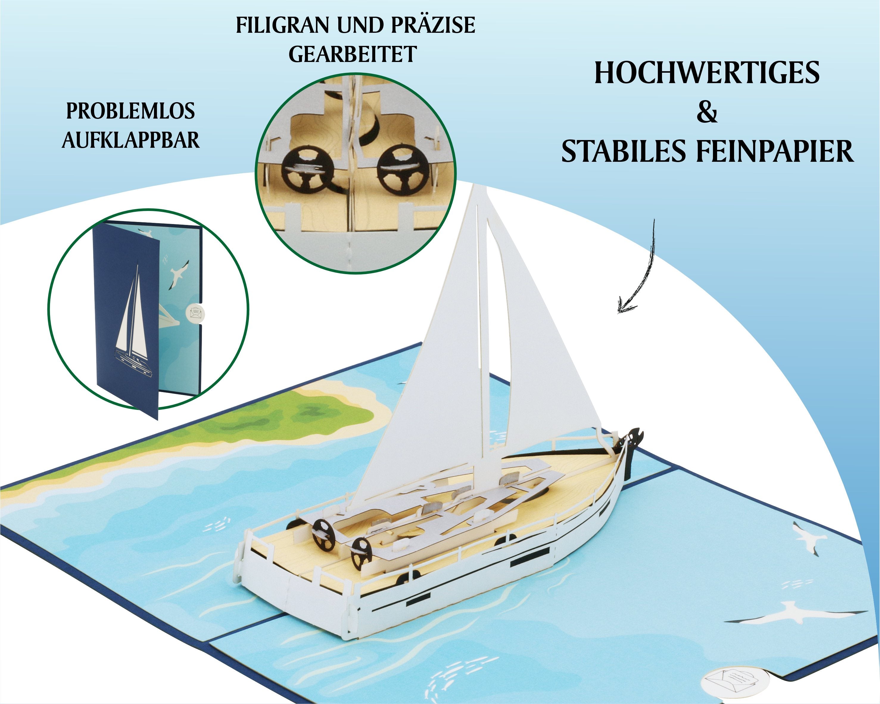 Aufgeklappte Pop-up-Karte mit Segelboot, dazu die Hinweise problemlos aufklappbar, filigran und präzise gearbeitet sowie hochwertiges und stabiles Feinpapier.