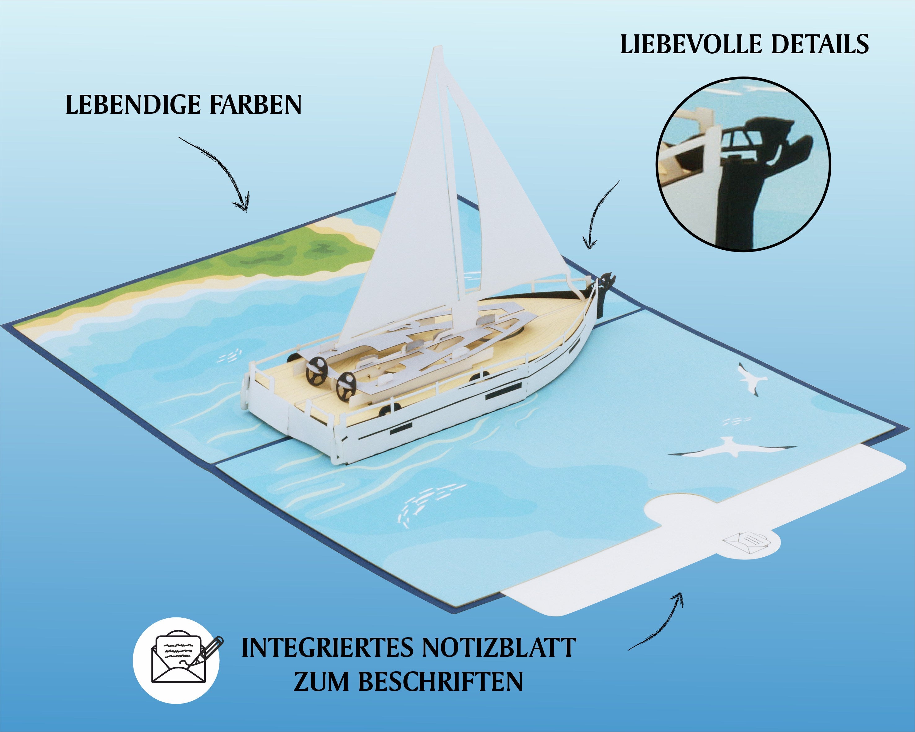 Pop-up-Karte mit einem Segelboot auf einem blauem Meer und einem Strand. Zusätzlich mit einem Einleger zum Beschriften.