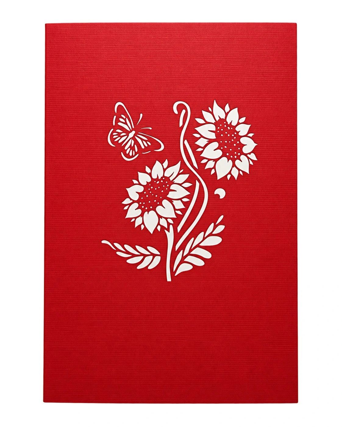 Rote Kartenvorderseite mit Sonnenblumen und einem Schmetterling als Scherenschnitt.