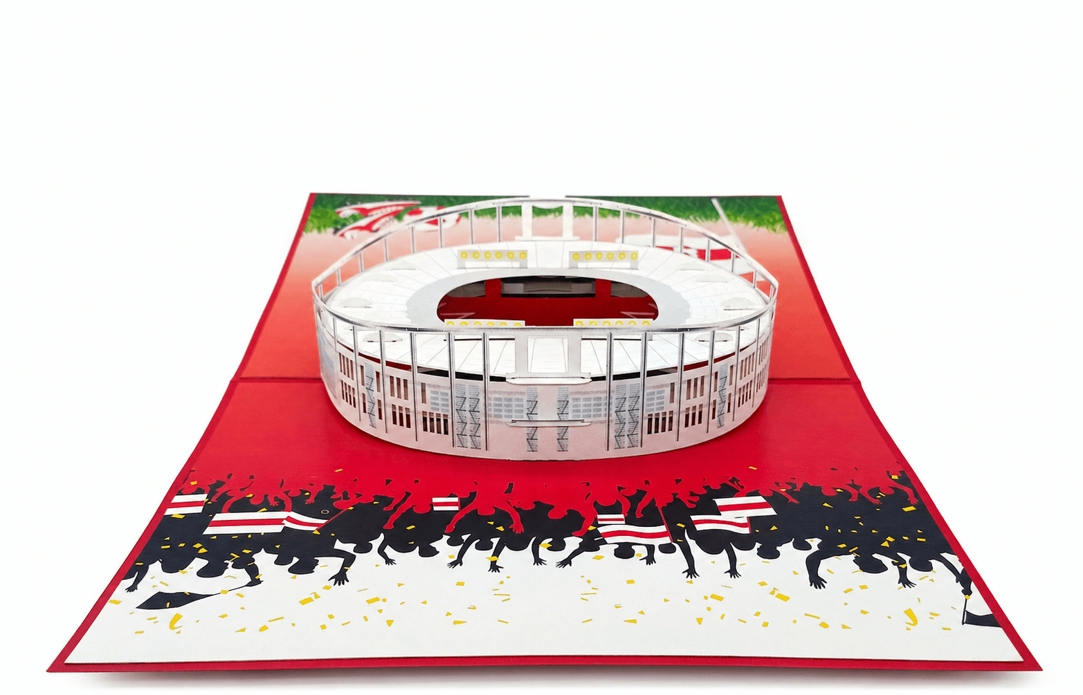 Nahaufnahme der aufgeklappten Pop-up-Karte mit dem Stuttgarter Stadionmodell und Fankulisse in Rot und Weiß.