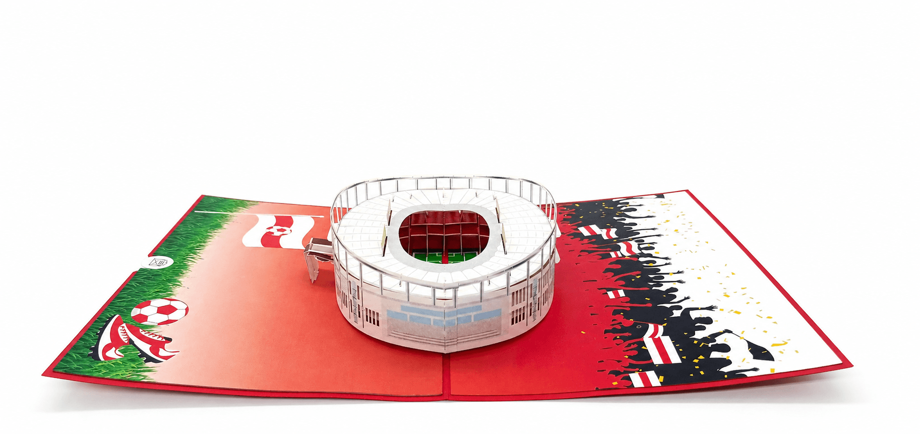 Aufgeklappte Pop-up-Karte mit dem Stuttgarter Stadion, von schräg oben fotografiert.
