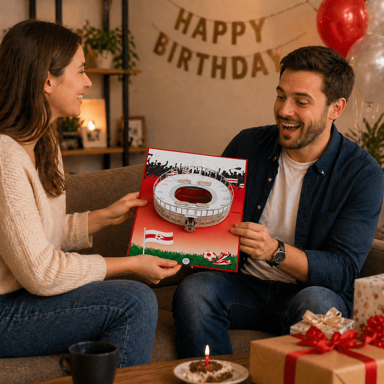 Im Wohnzimmer schenkt die Frau einem Mann eine Pop UP Geburtstagskarte mit einem Stuttgarter Fußballstadion