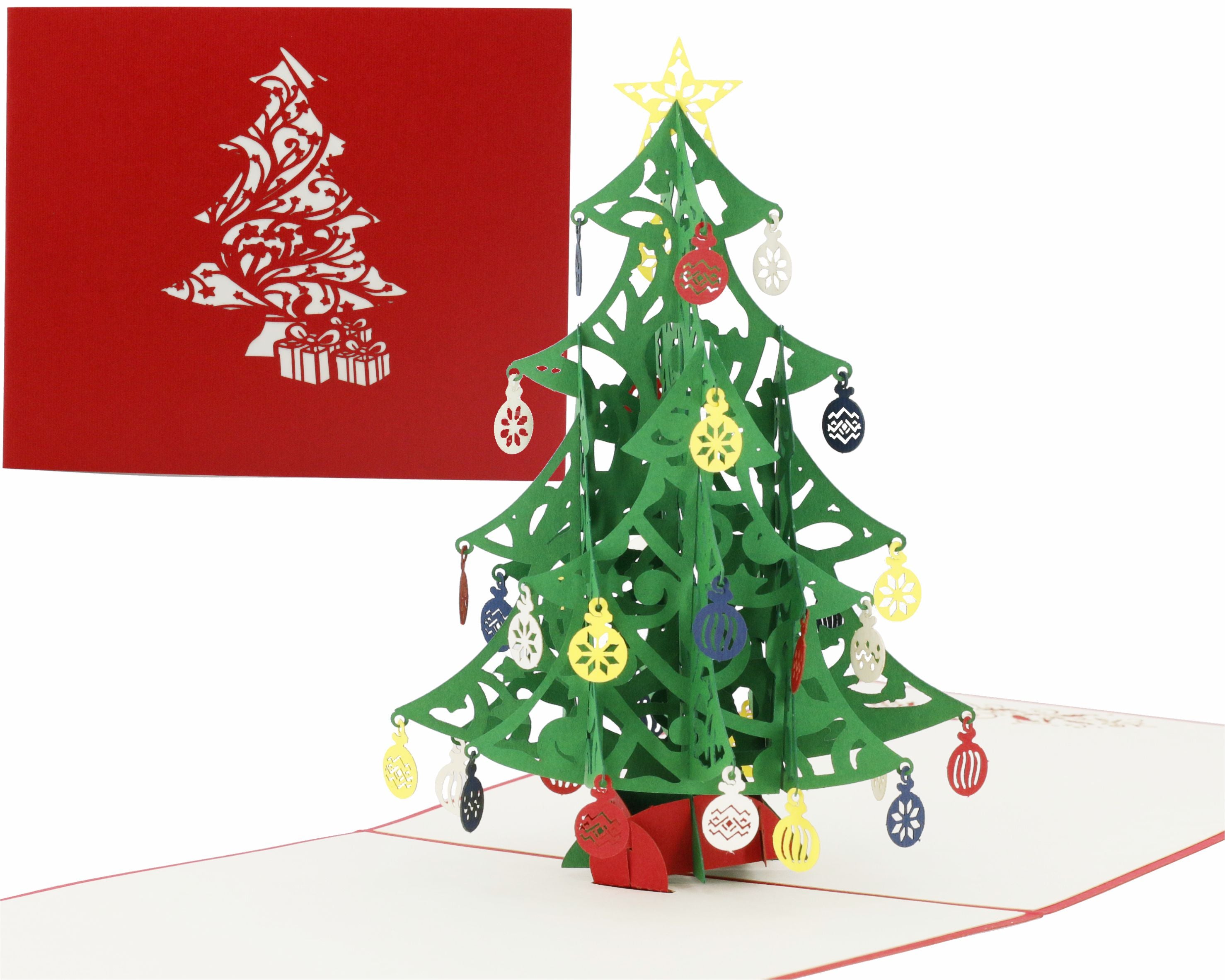 pop up karte Tannenbaum mit Christbaumkugeln und rotem cover mit Weihnachtsbaum